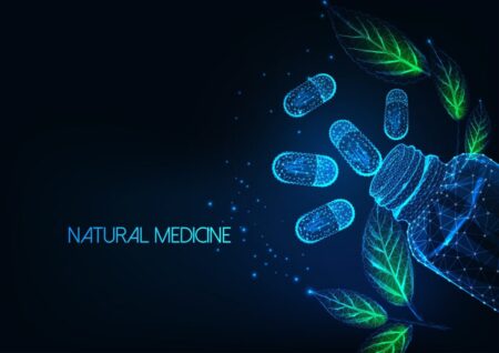 Futuristic natural medicine concept with glow low polygonal capsule pills, bottle and green leaves.