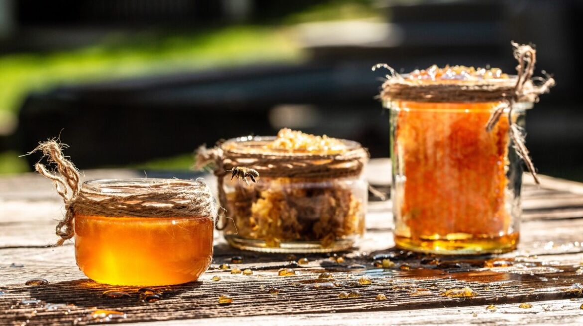 Honey in glass jar with bee flying on wooden table on background honeycombs with full cells of honey. organic natural ingredients concept. banner, menu, recipe, place for text