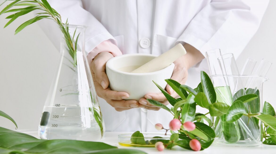 Alternative herbal medicine, Mortar with healing botanical herbs