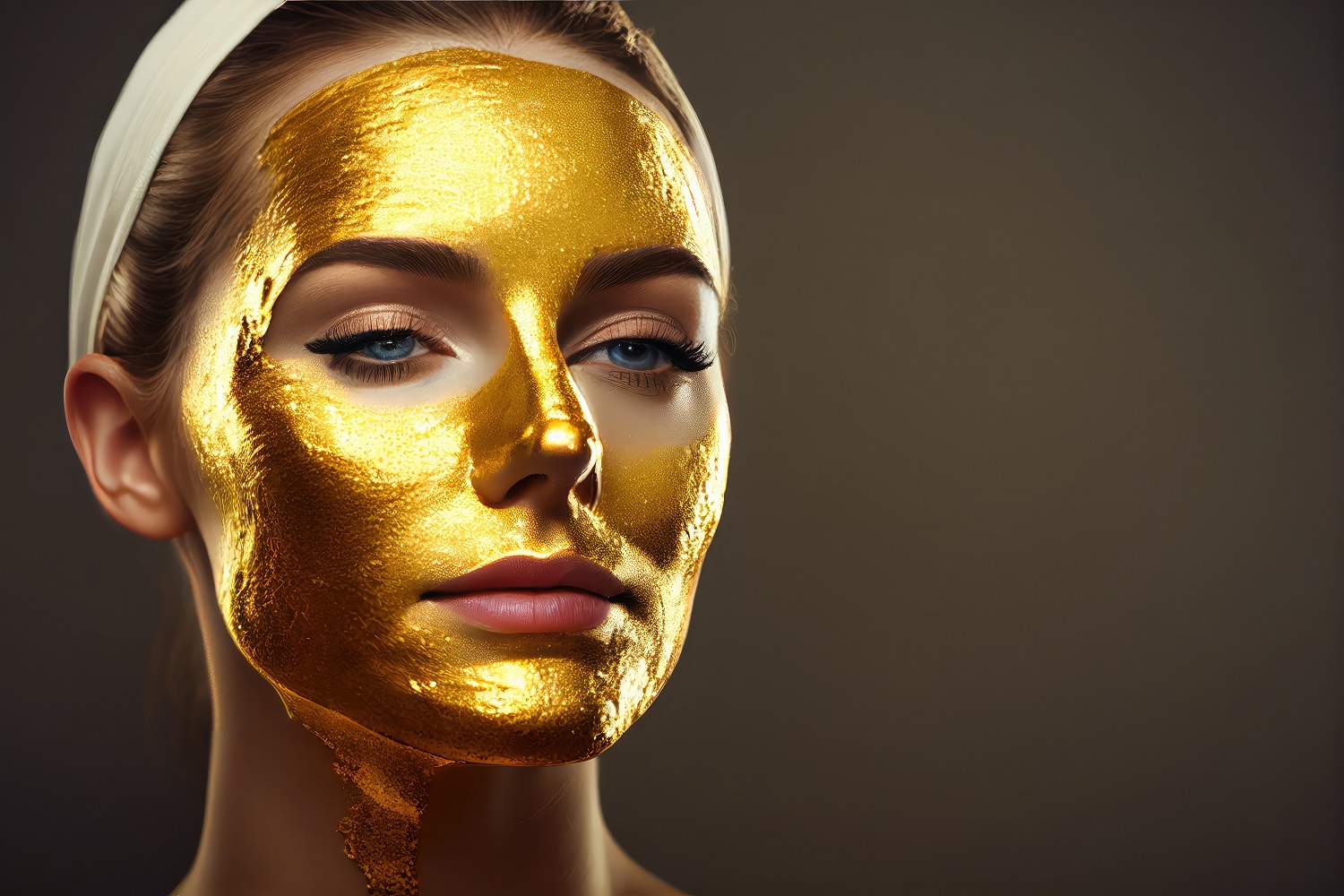 Close up of woman, gold face mask, clean healthy young face. Medical, spa, cosmetology.