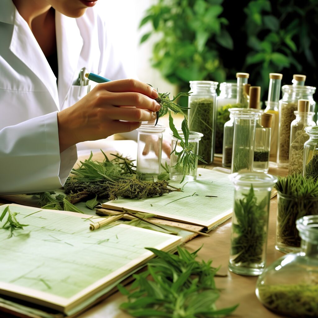 Picture Ilustrations: Scientist with natural drug research, green herb.