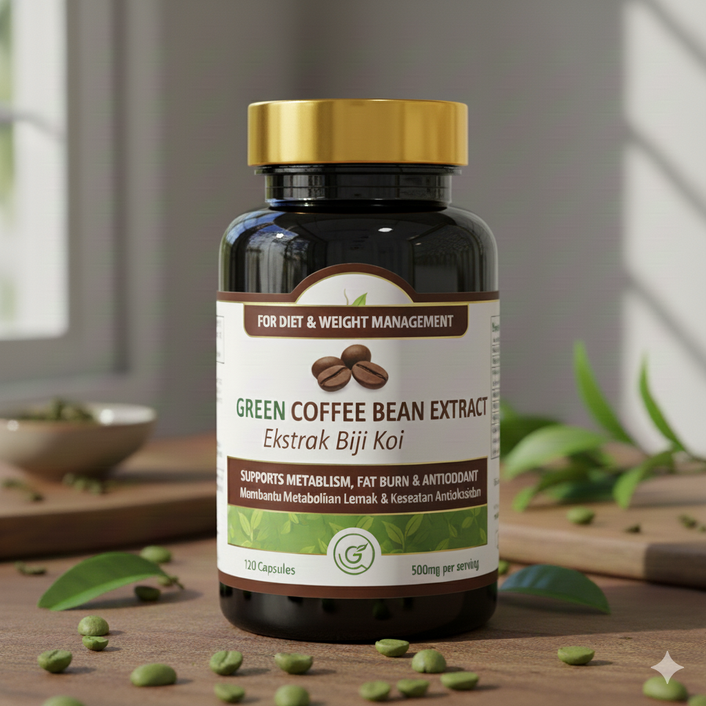 Design Mockup Kapsul diet Green Coffee Bean Extract cocok untuk penderita diabetes