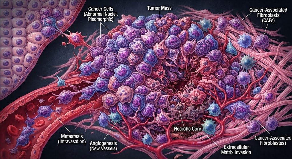 Ilustrasi visual sel kanker yang abnormal yang merusak jaringan, membuat pembuluh darah baru (angiogenesis), terus menyebar (metastasis) seperti parasit.